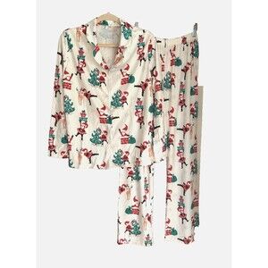 Sheilay Women's Holiday Santa Reindeer PJS 2pc Pajama Set Ivory with Print Sz S